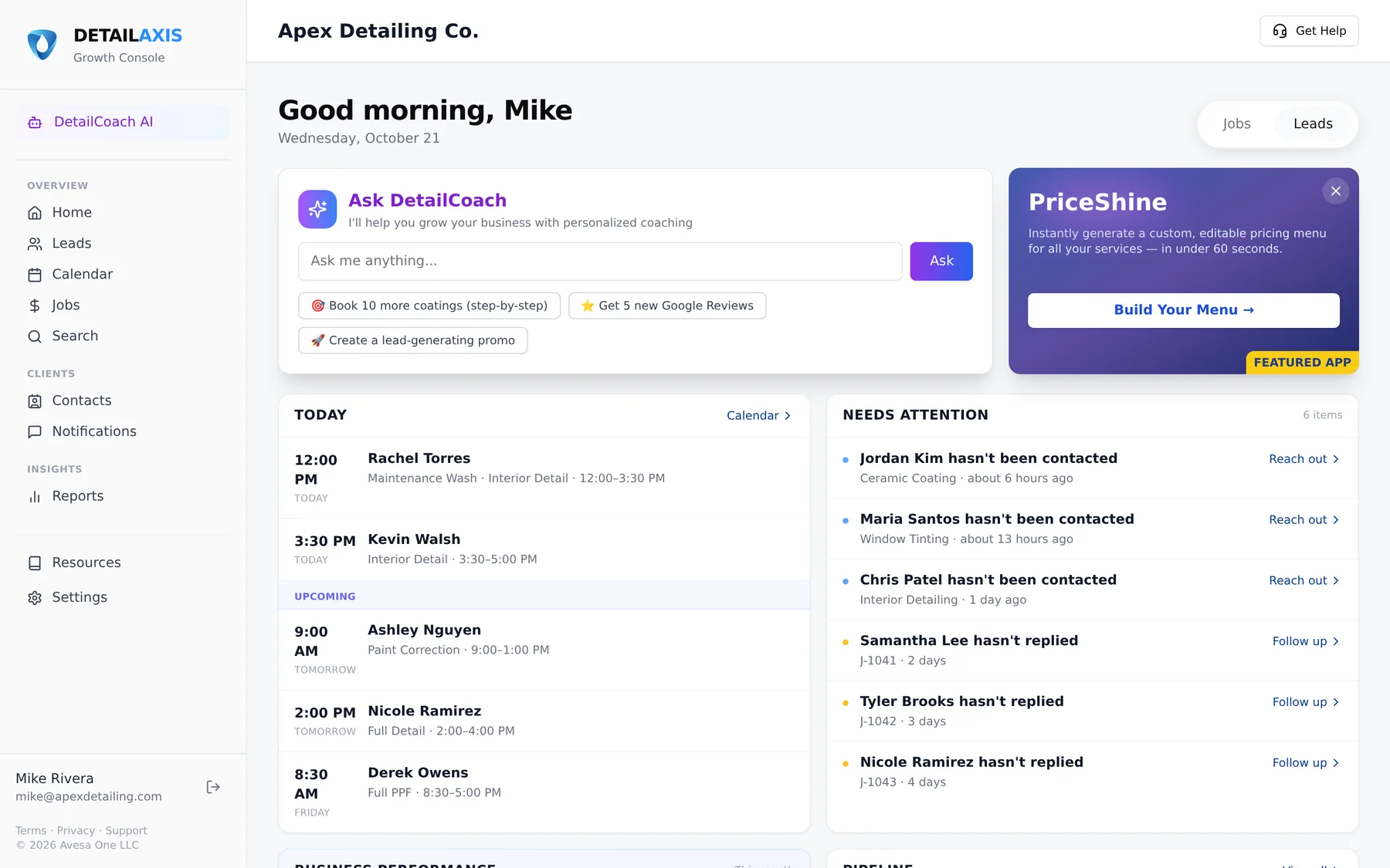 DetailSoftware dashboard with today's jobs, leads needing attention and quick actions
