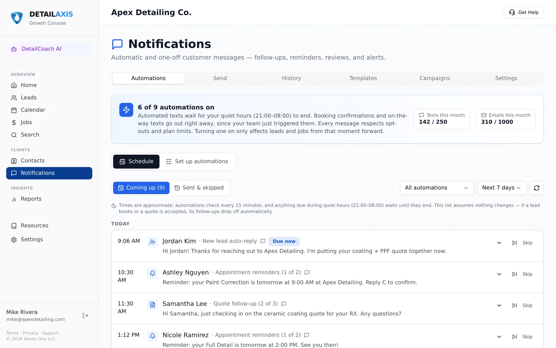 DetailSoftware automation schedule showing upcoming follow-ups and reminders