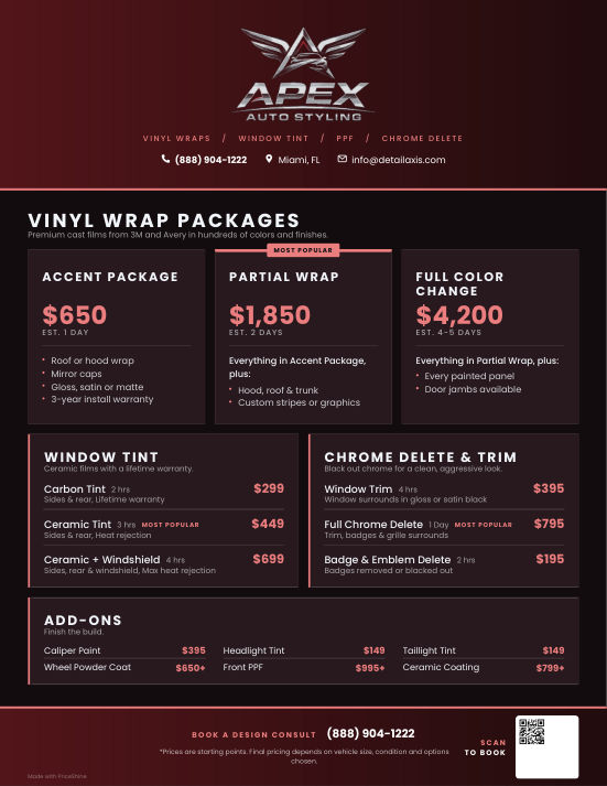 Wraps, Tint & Styling pricing menu made with PriceShine