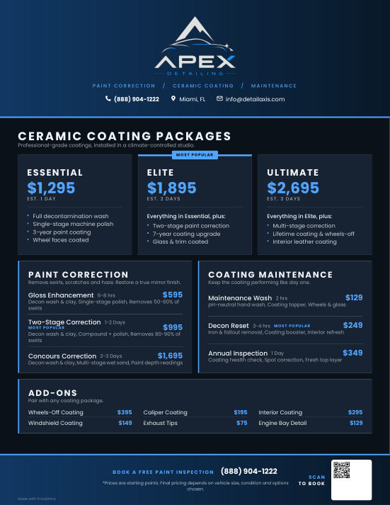 Ceramic & Paint Correction pricing menu made with PriceShine