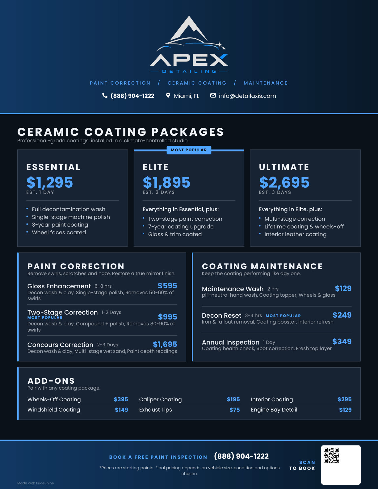 Dark ceramic coating menu built in PriceShine