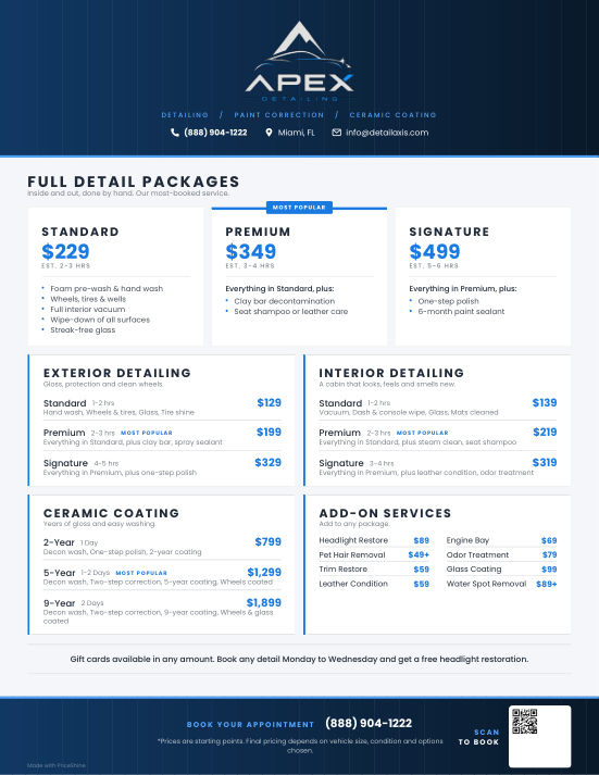 Full-Service Detailing pricing menu made with PriceShine