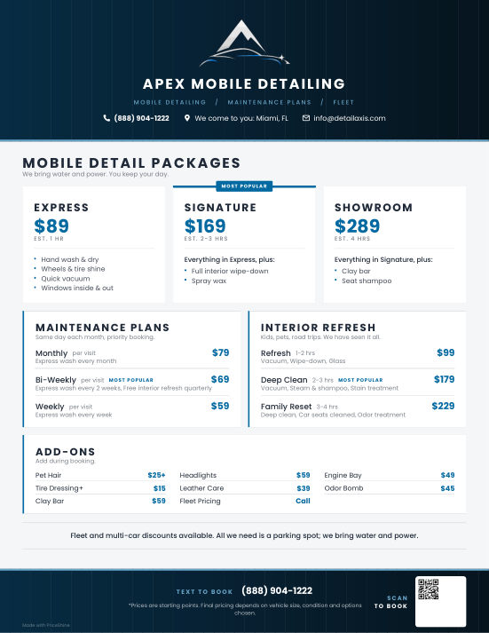 Mobile Detailing pricing menu made with PriceShine