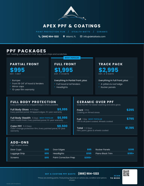 Paint Protection Film pricing menu made with PriceShine