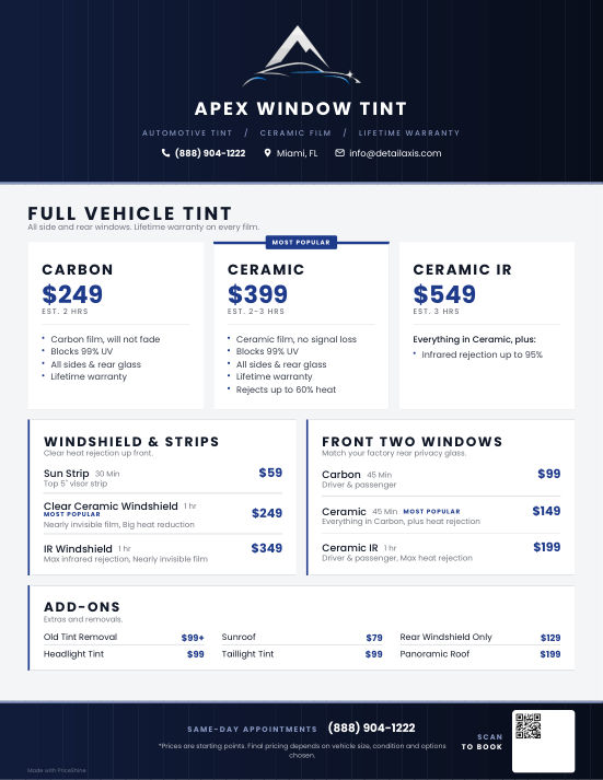Window Tint Shop pricing menu made with PriceShine